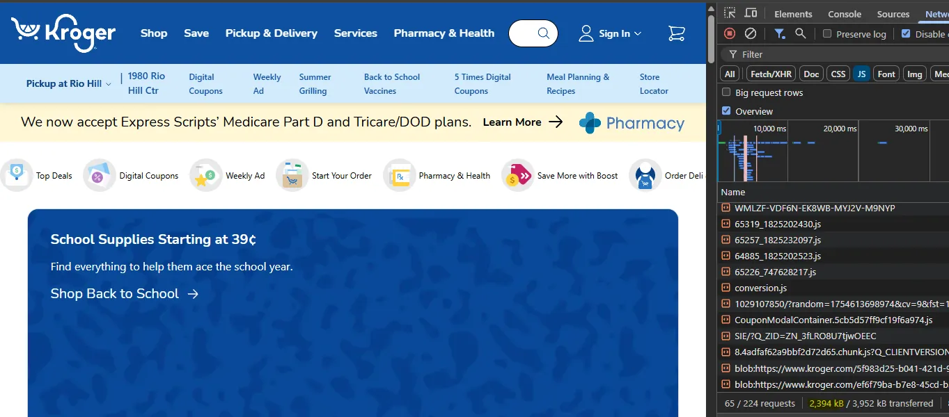 Trace of Kroger.com inital load size